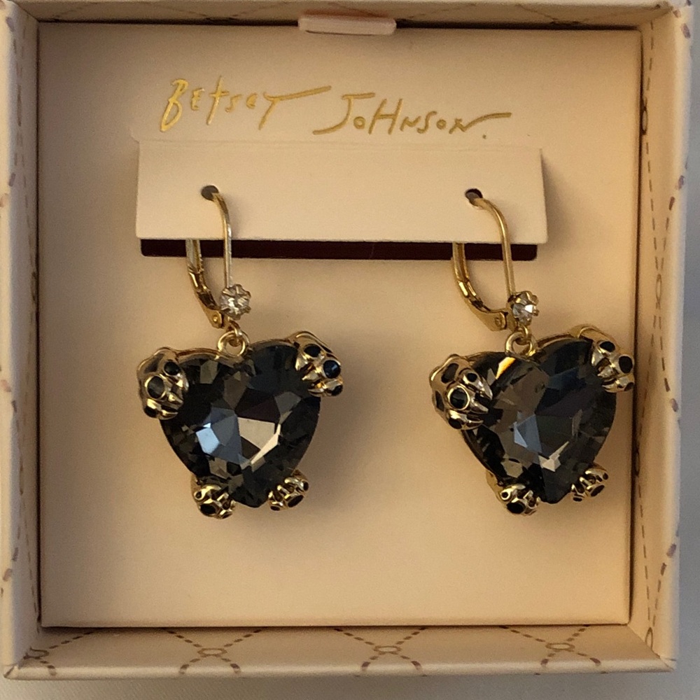 Betsey Johnson Gold Tone True Leopard Black Crystal Heart Drop Earrings NIB